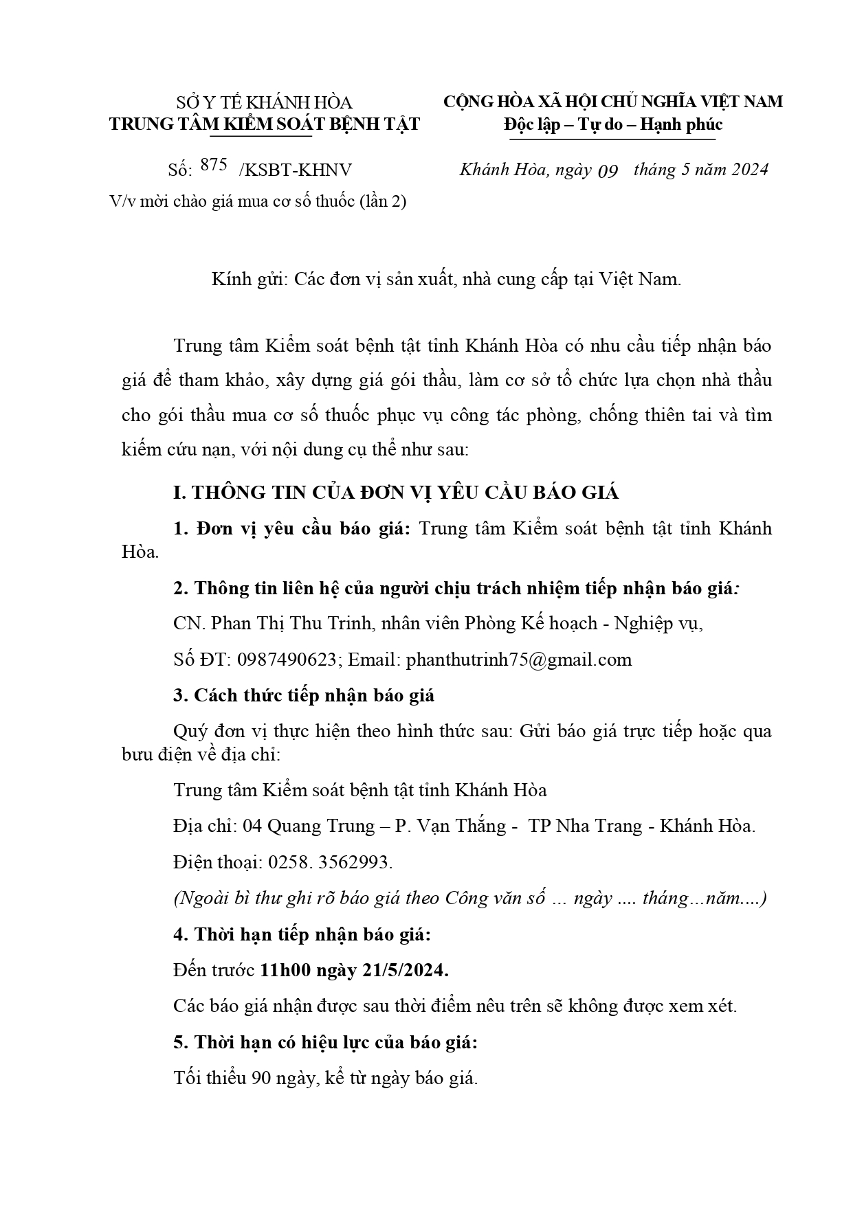 V/v mời chào giá mua cơ số thuốc (lần 2)